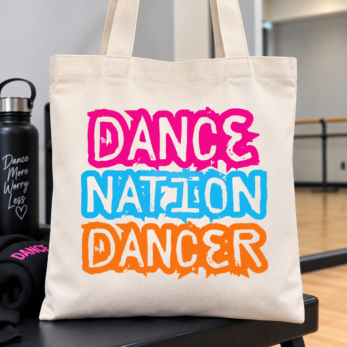 Dance Nation Dancer graffiti design on a natural canvas tote bag