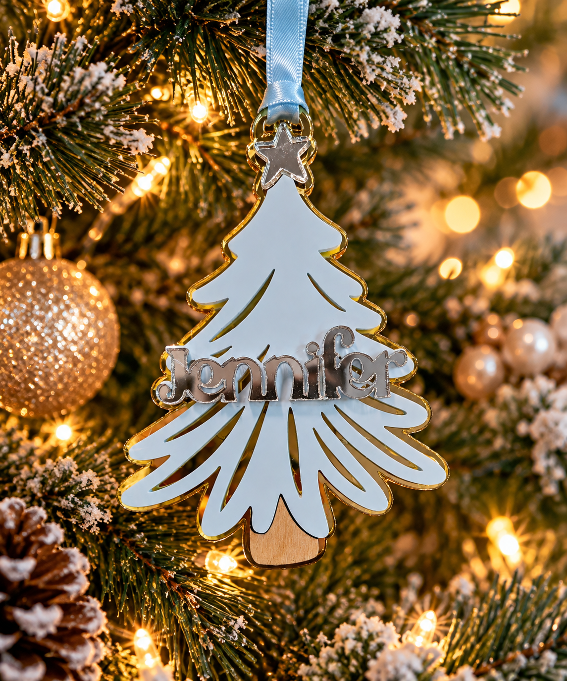 Personalized Christmas tree name ornament hanging on a Christmas tree