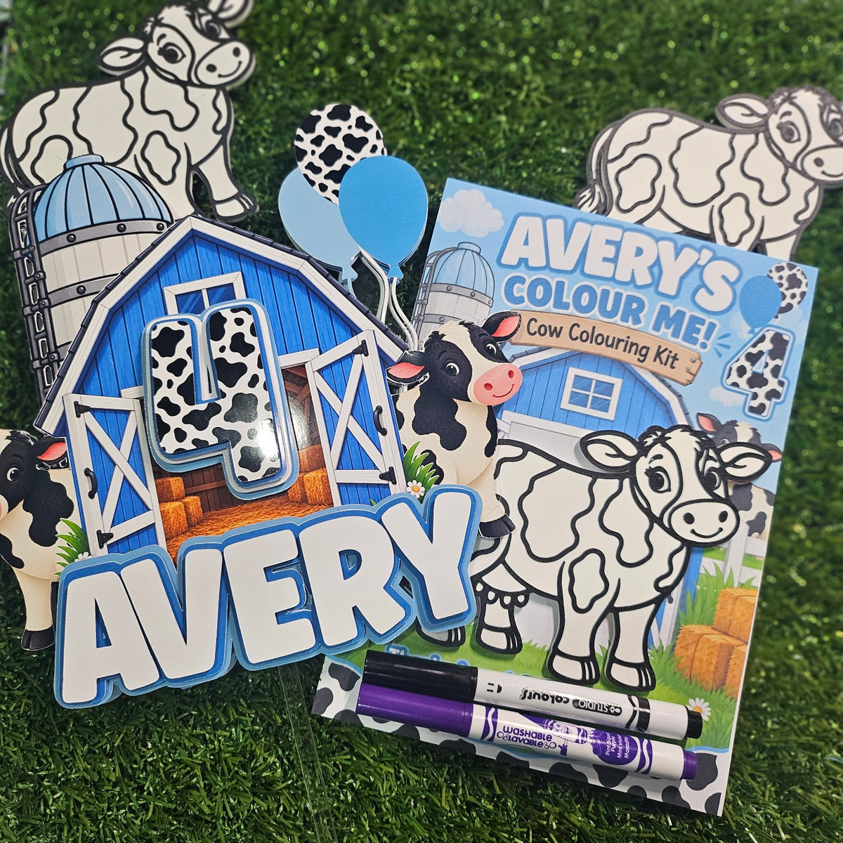 Cow themed personalized colouring kit display with barn name sign and 3D printed cow