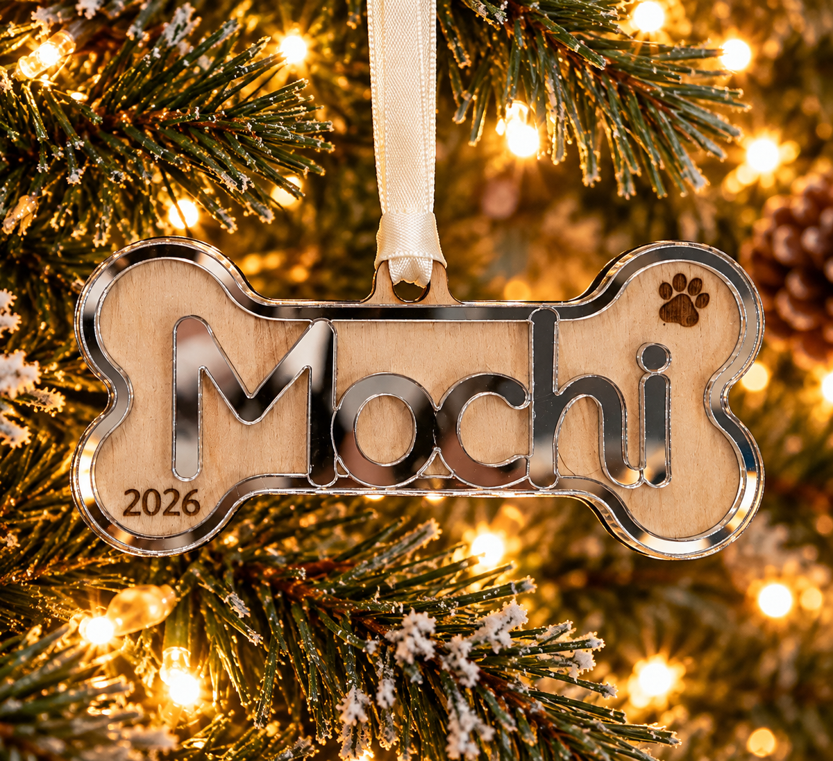 Personalized dog bone name ornament hanging on a Christmas tree