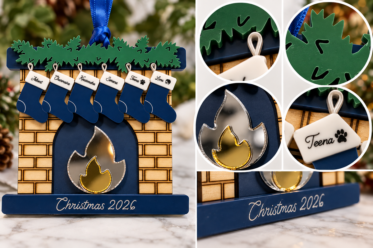 Close-up details of personalized navy fireplace family Christmas ornament