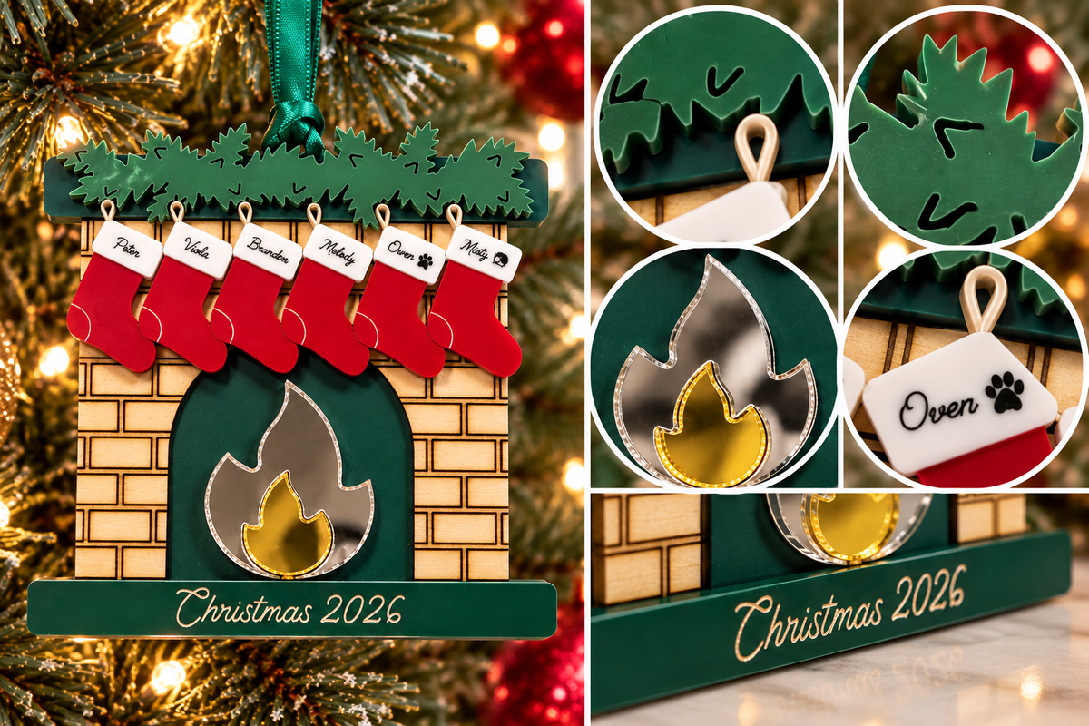 Close-up details of personalized red and green fireplace family Christmas ornament