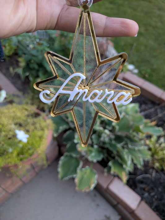 Personalized glitter acrylic star ornament with white acrylic name