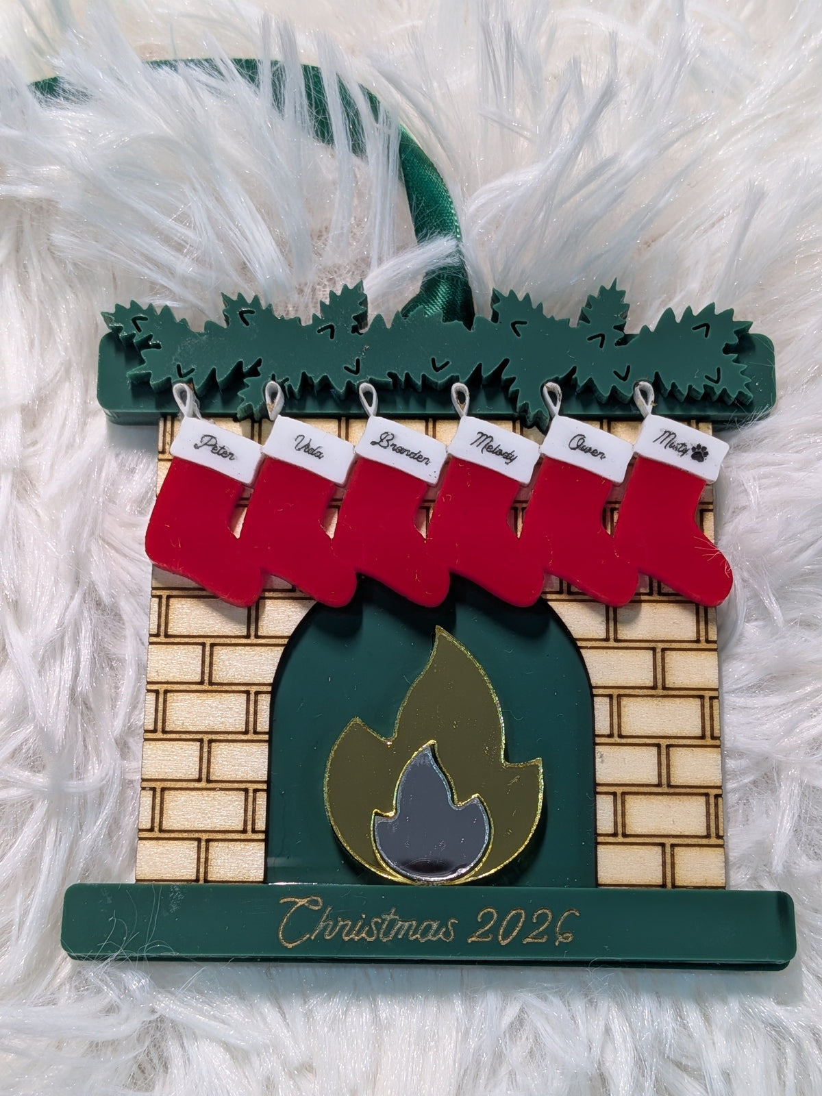 Personalized Family Fireplace Christmas Ornament – Red & Green