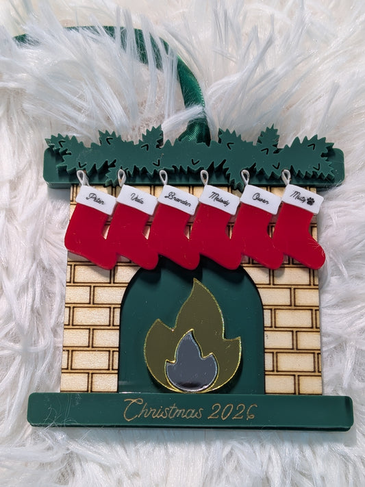 Personalized Family Fireplace Christmas Ornament – Red & Green