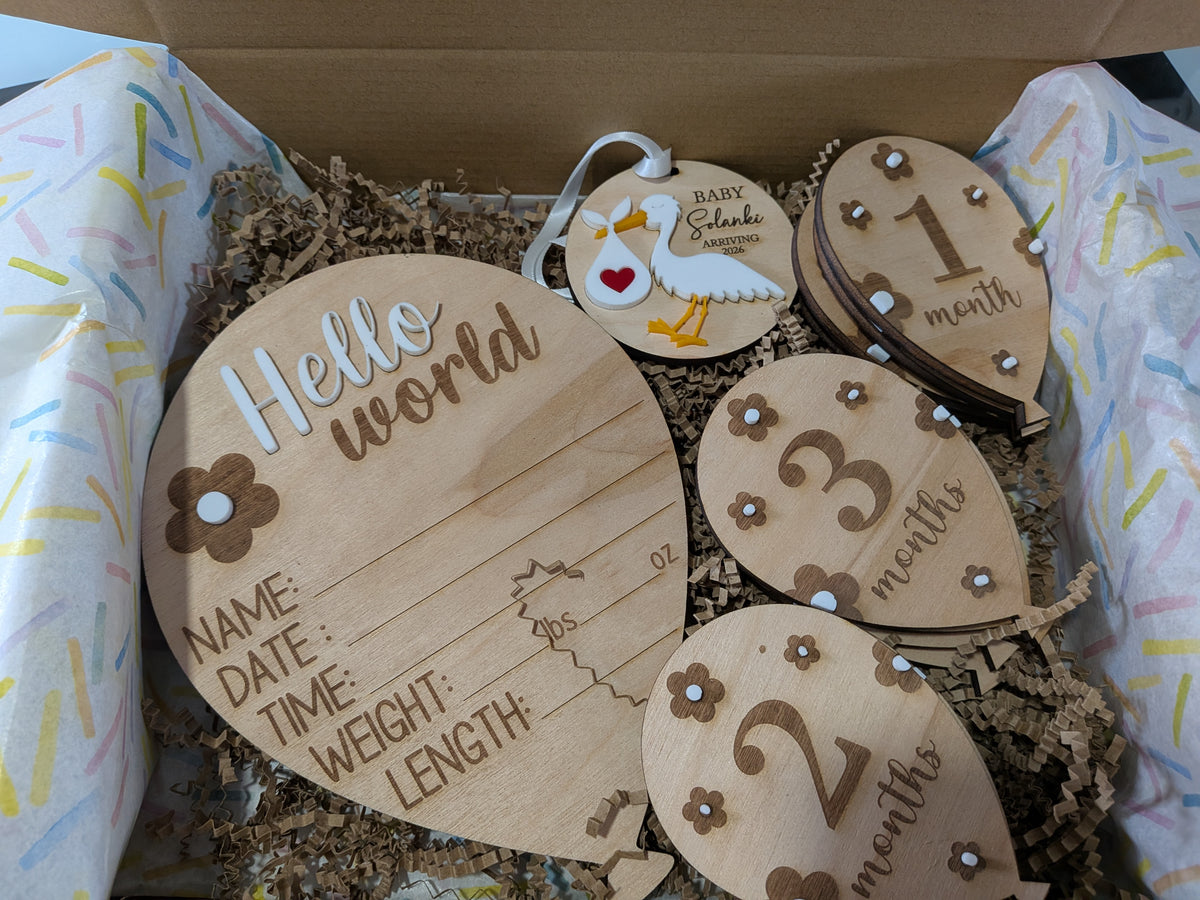 Hello World & Monthly Baby Milestone Set – Floral Balloons