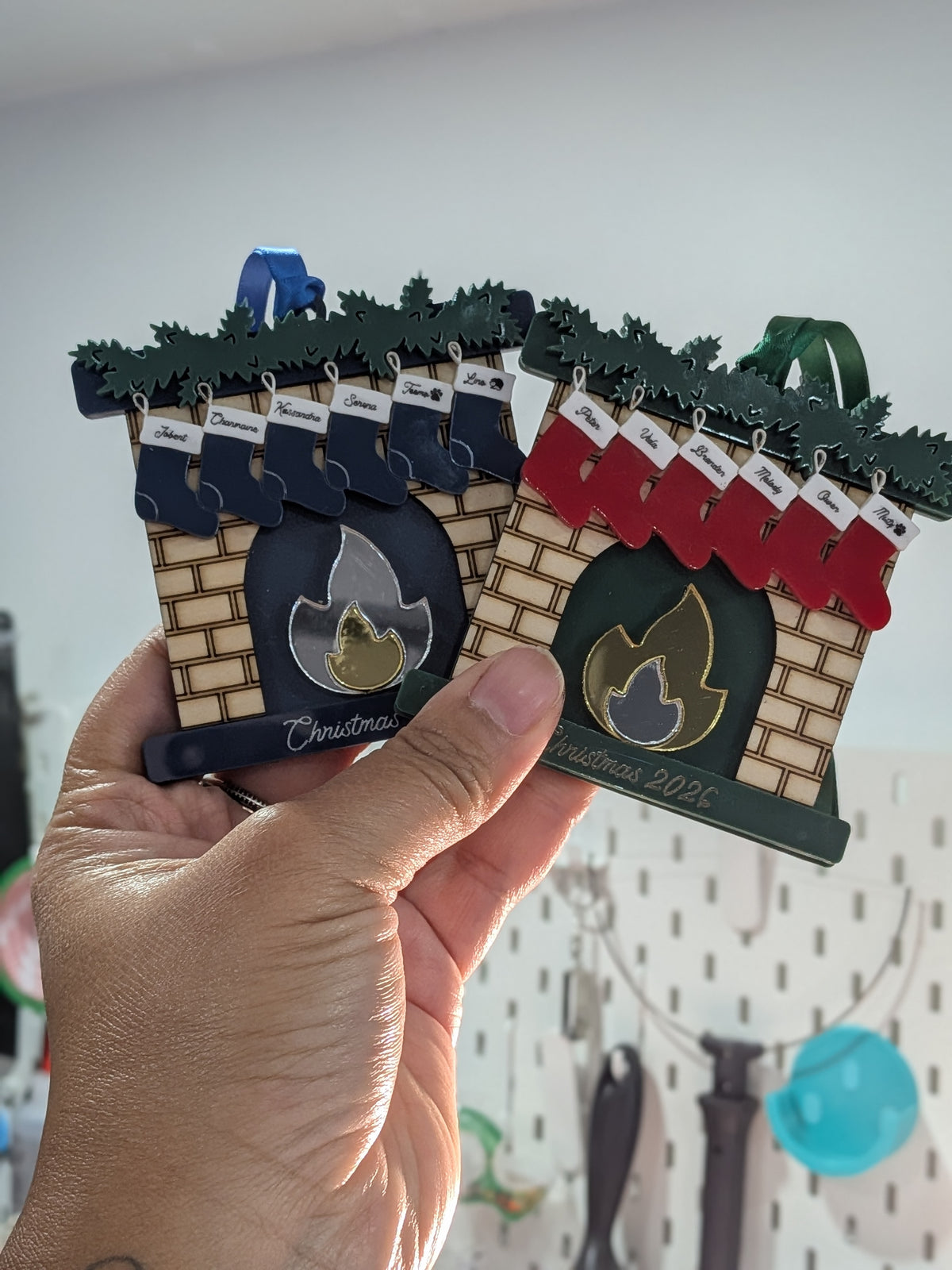 Personalized Family Fireplace Christmas Ornament – Red & Green