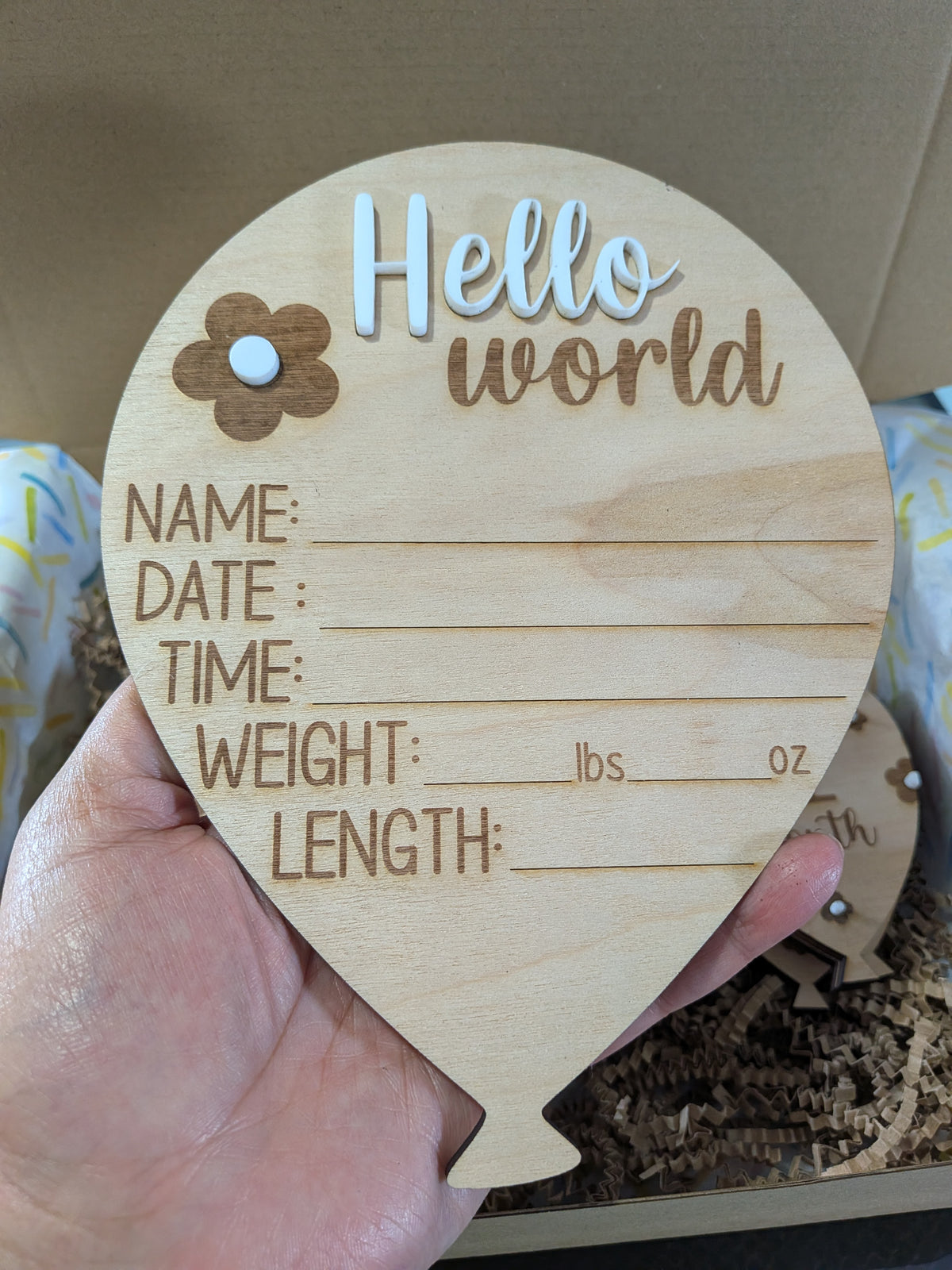 Hello World Wooden Balloon Birth Announcement Sign