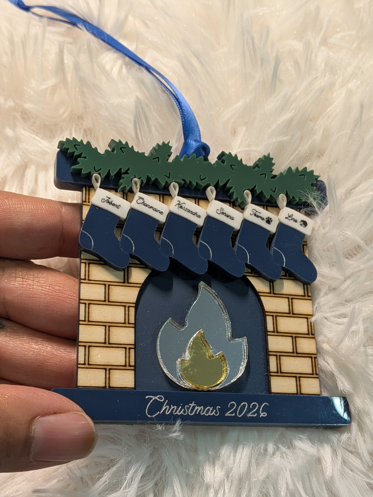 Personalized Family Fireplace Christmas Ornament – Navy